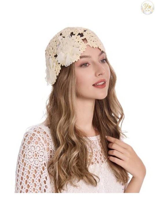 Handmade Crochet Skull Cap Beanie Hat Lightweight Breathable Cutout Floral Knit